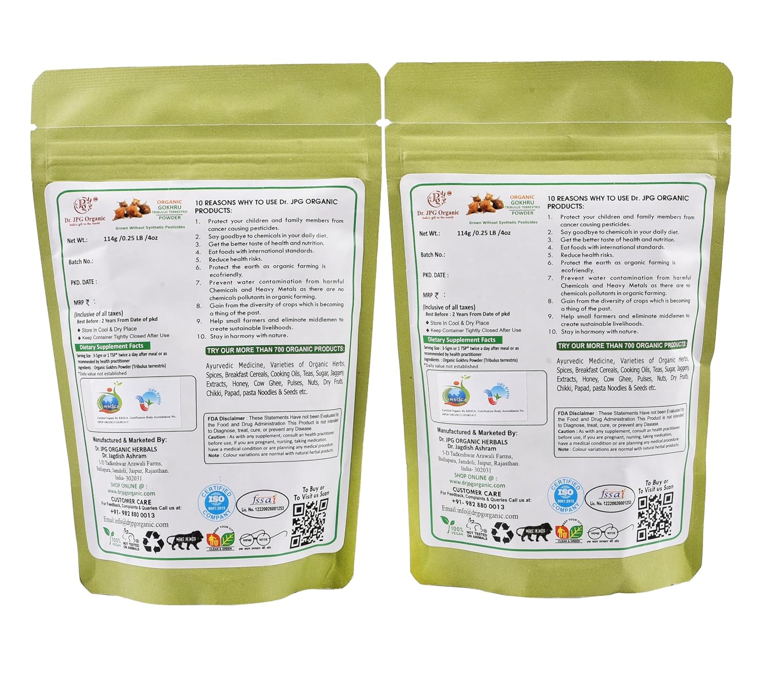 DR. JPG Organic Gokhru Powder (228g) – 114g (Pack of 2) | For Kidney Wellness, Digestion & Vitality | 100% Certified Organic
