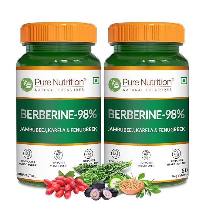 Pure Nutrition 98% Berberine Tablets - 60 Tablets with Jamun Beej, Karela & Fenugreek Extract