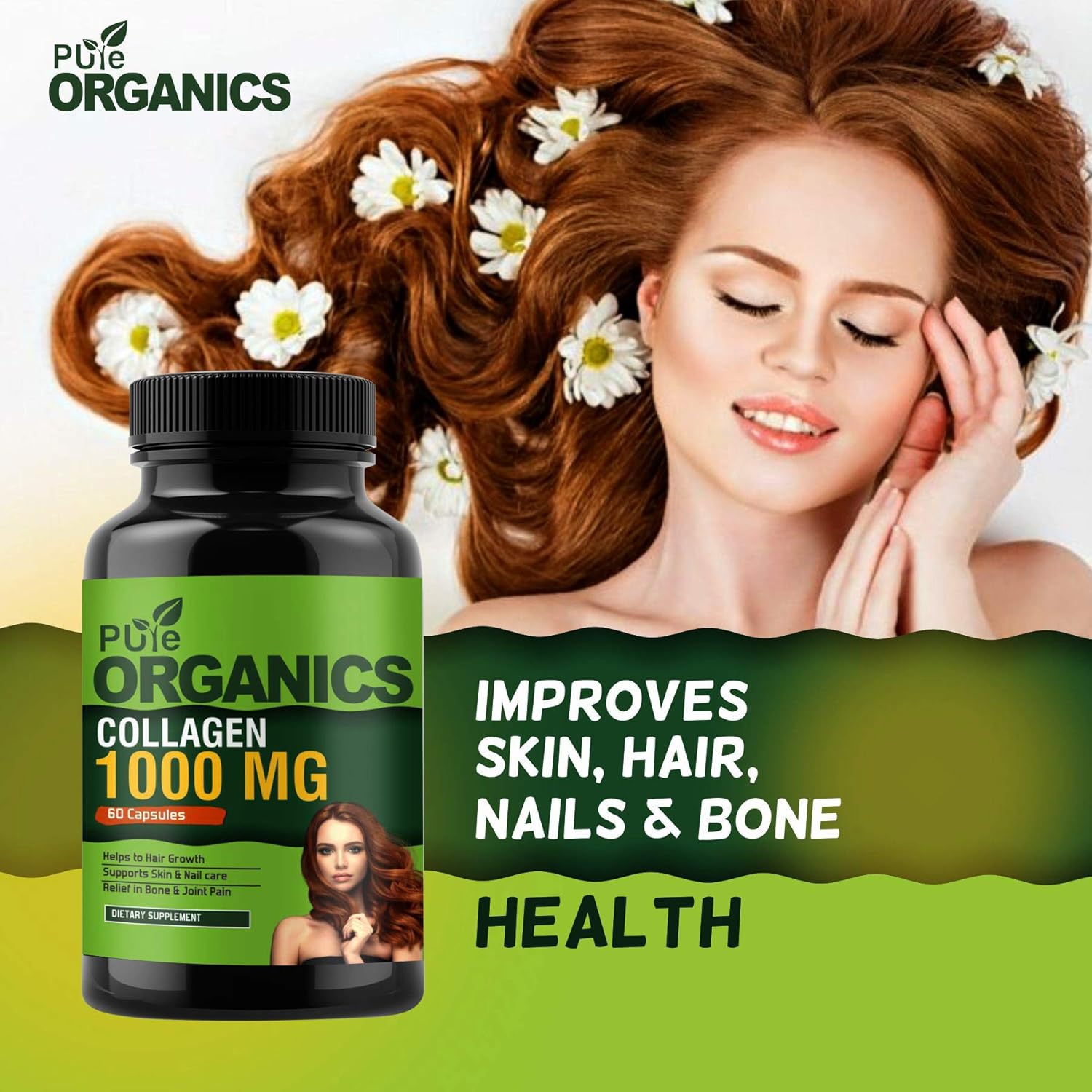 PUREORGANICS Collagen Protein Capsules 1000 mg Collagen Peptides for Healthy Skin and Nails and Relief in Bone and Joint Pain - 60 Capsules