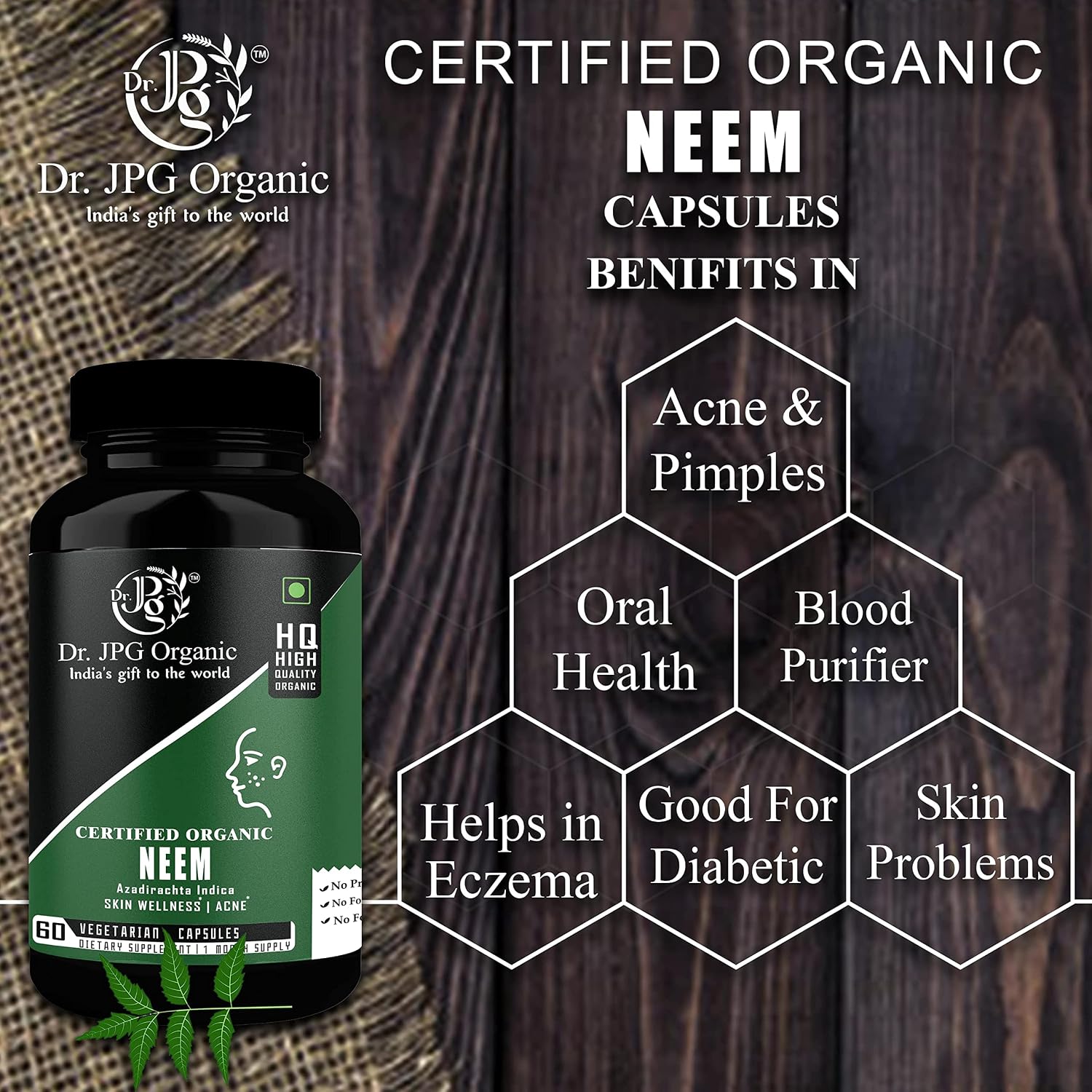 DR. JPG Organic Neem Capsules (500mg, 60 Veg Capsules) | Blood Purifier, Anti-Bacterial & Immunity Booster | 100% Certified Organic
