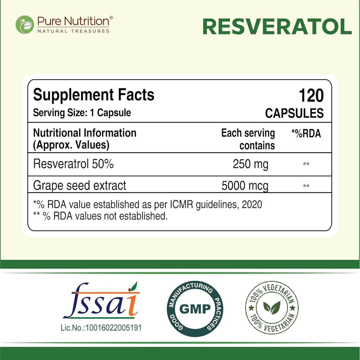 Pure Nutrition Resveratrol with Grape Seed Extract, 120 Veg Capsules | Antioxidant Support