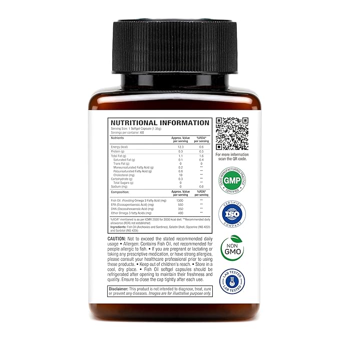 WOW Life Science Omega 3 Softgel Capsule - 1300 mg | EPA & DHA for Healthy Heart, Eyes & Joints - 60 Capsules