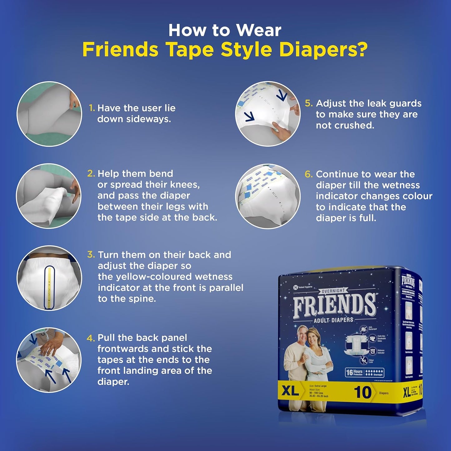 Friends Overnight Adult Diaper Tape XL - 10 Count (Extra Large) with odour lock, Unisex, Leakproof and Anti-Bacterial Absorbent Core - Waist Size 35.43-65.35 inch; 90-166 cm