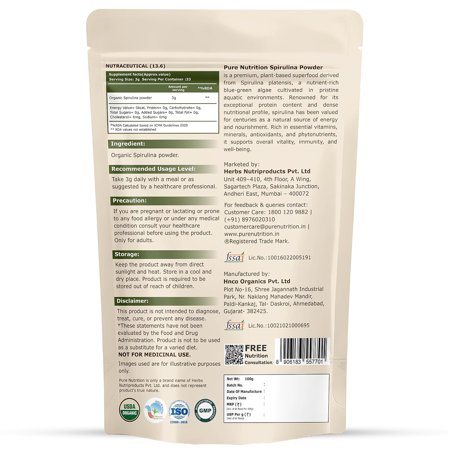 Pure Nutrition Organic Spirulina 100g | Superfood Powder | Plant-Based Protein & Wellness Support