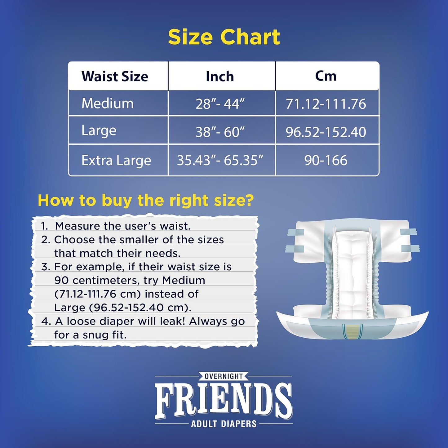 Friends Overnight Adult Diaper Tape XL - 10 Count (Extra Large) with odour lock, Unisex, Leakproof and Anti-Bacterial Absorbent Core - Waist Size 35.43-65.35 inch; 90-166 cm
