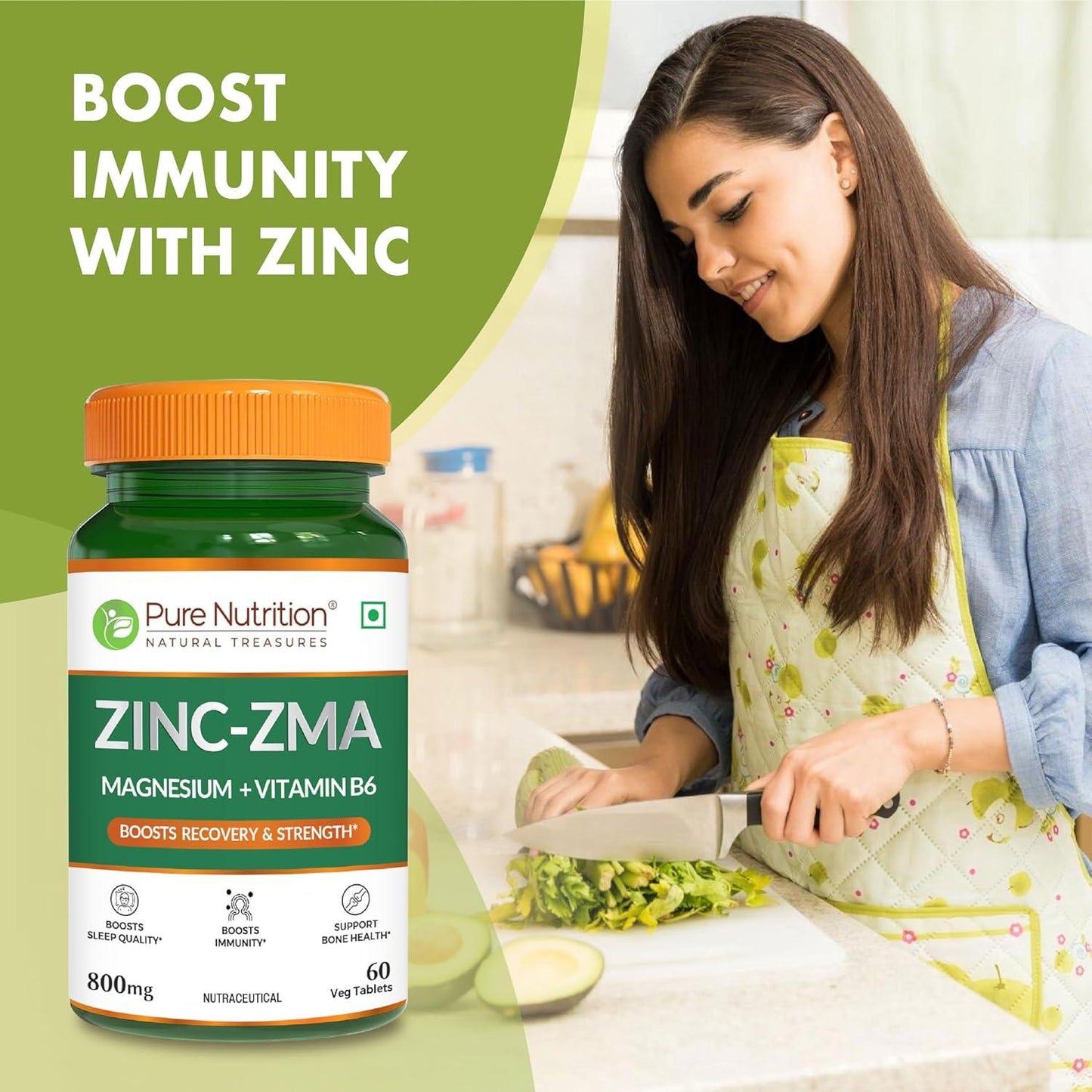 Pure Nutrition Zinc-ZMA 800 mg Veg Tablet with Magnesium & Vitamin B6 for Immunity, Bones & Muscles | Veg Tablet