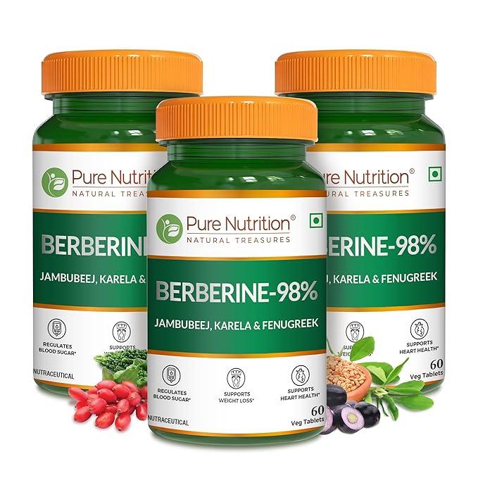 Pure Nutrition 98% Berberine Tablets - 60 Tablets with Jamun Beej, Karela & Fenugreek Extract