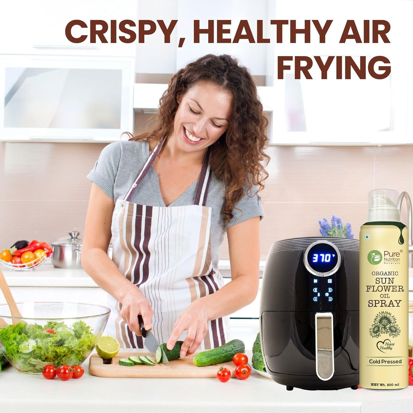 Pure Nutrition Sunflower Oil Cooking Spray - 200ml | 100% Pure & Edible | Healthy Cooking with 10X Less Oil | Ideal for Baking, Grilling & Frying | High Smoke Point | Light, Even Spray for Low-Calorie Meals & Heart Health
