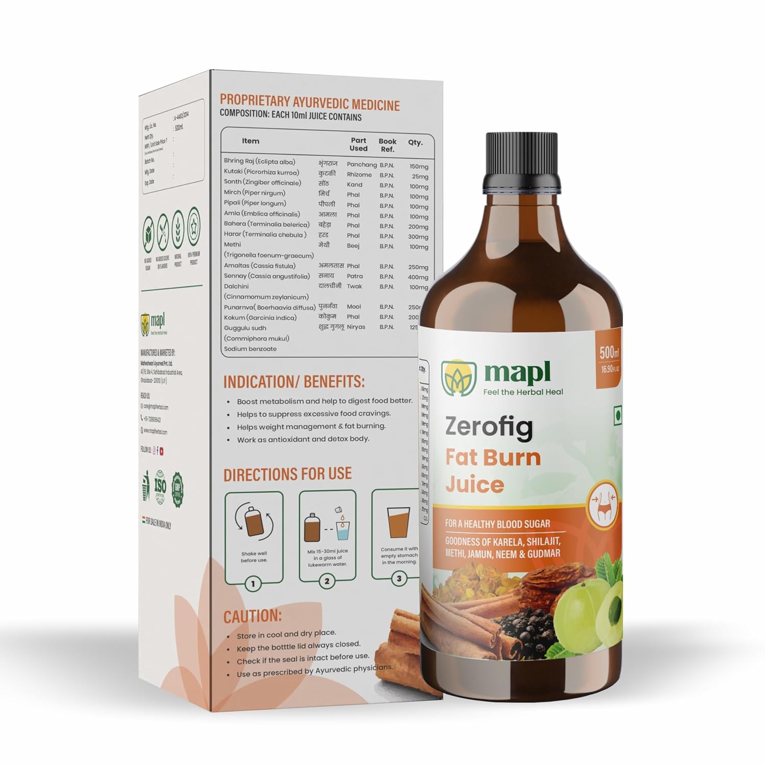 MAPL Zerofig Fat Burn Juice 500ml | Ayurvedic Weight Loss Formula with Shilajit, Karela, Neem & Gudmar | Boosts Metabolism & Fat Burn
