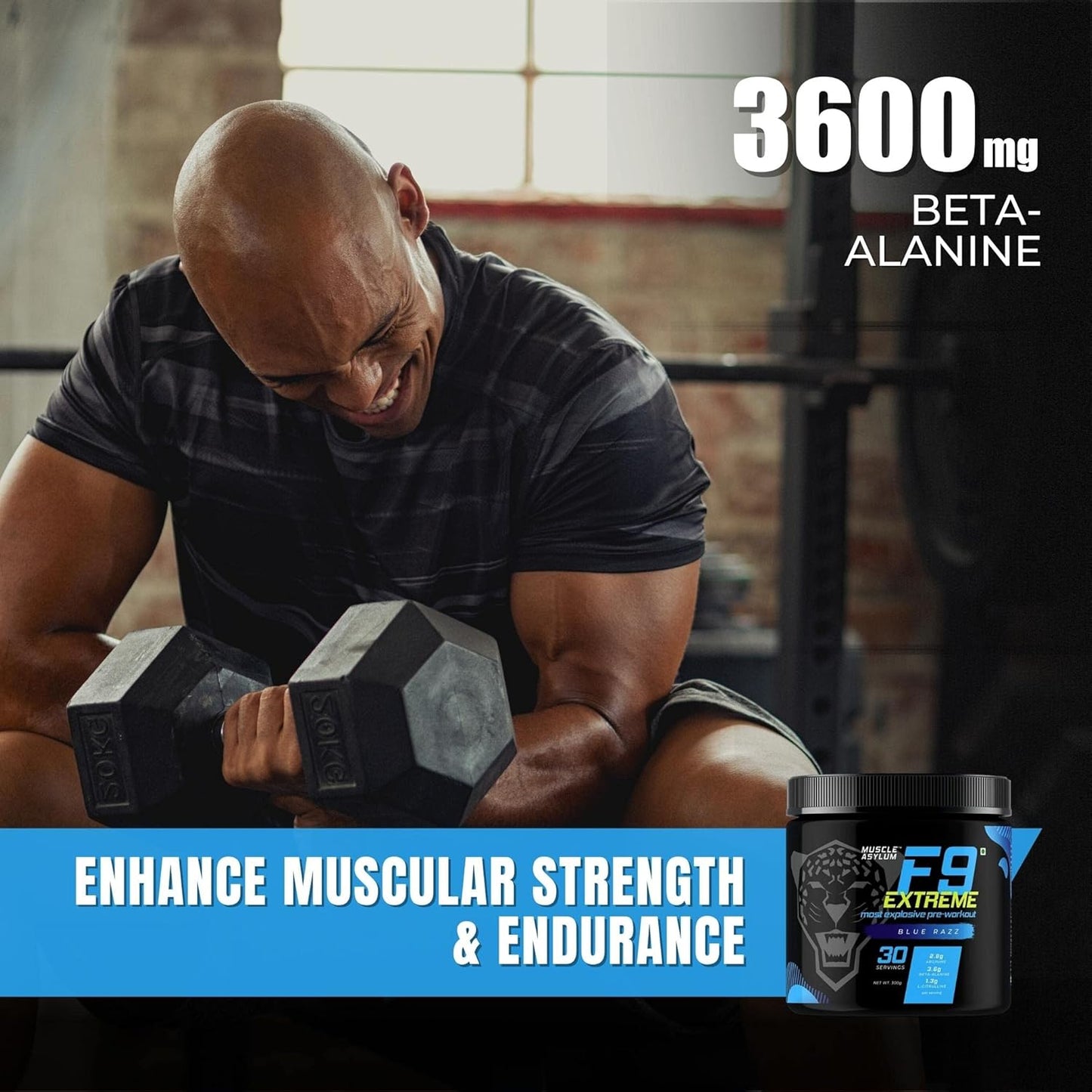 Muscle Asylum F9 Extreme – High Caffeine Pre-Workout (Blue Razz) | 300g | 30 Servings | EAA & Endurance Blend | High Stimulant with EAA & Beta-Alanine