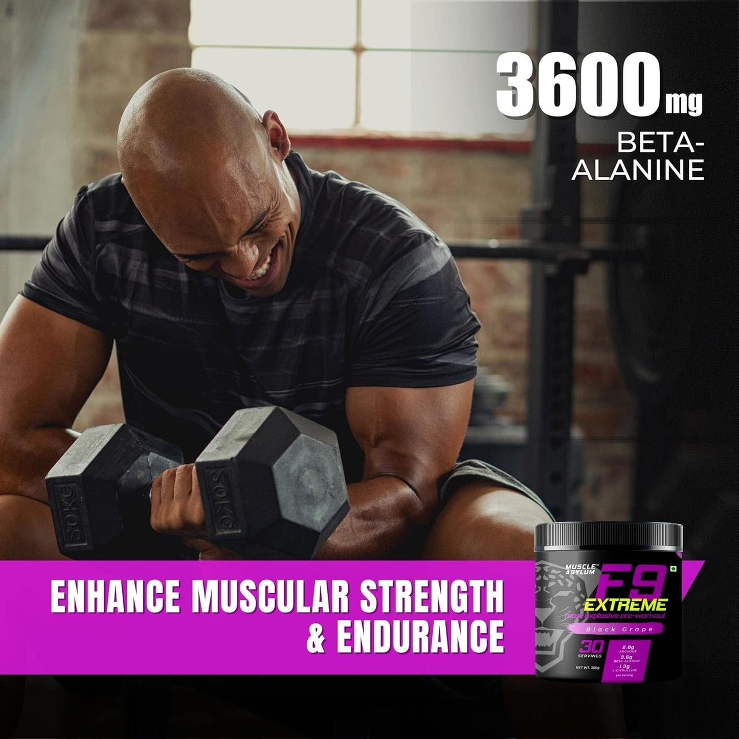 Muscle Asylum F9 Extreme – High Caffeine Pre-Workout (Black Grape) | 300g | 30 Servings | EAA & Endurance Blend | High Stimulant with EAA & Beta-Alanine