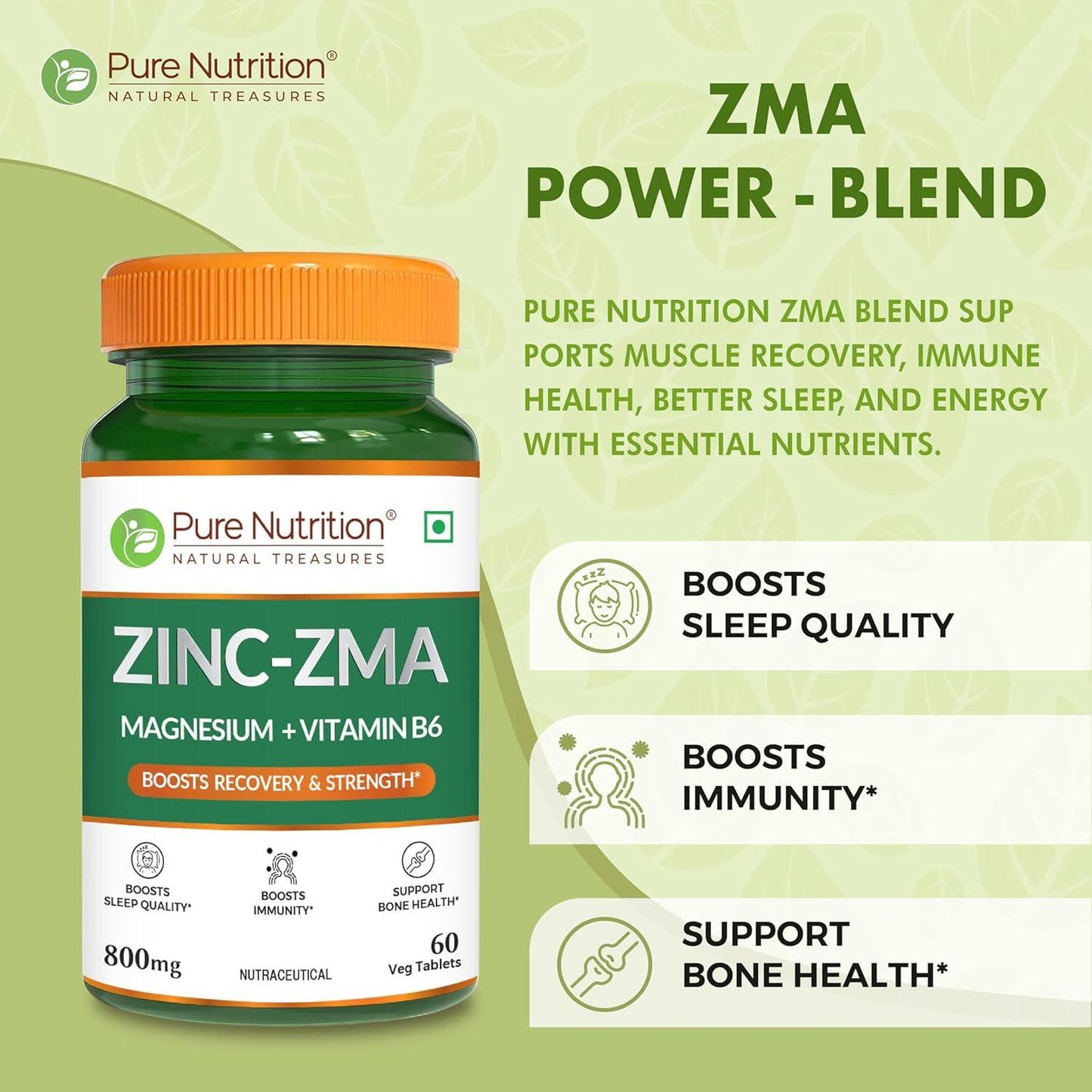 Pure Nutrition Zinc-ZMA 800 mg Veg Tablet with Magnesium & Vitamin B6 for Immunity, Bones & Muscles | Veg Tablet