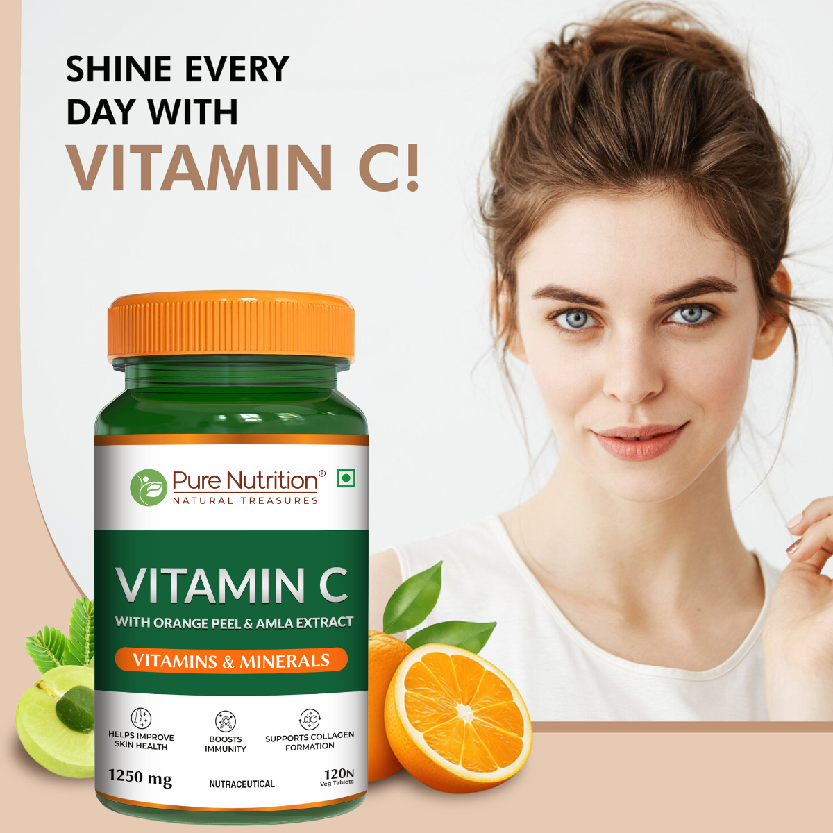 Pure Nutrition Plant-Based Vitamin C (1250mg) - 120 Veg Tablets with Amla & Orange Peel Extract | Boosts Immunity & Skin Glow | Natural Antioxidant for Men & Women | Supports Collagen Formation