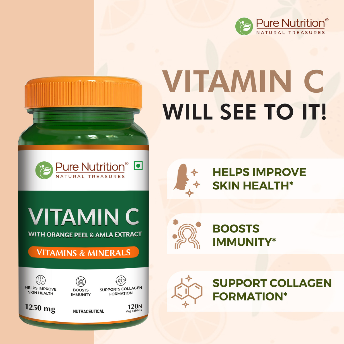 Pure Nutrition Plant-Based Vitamin C (1250mg) - 120 Veg Tablets with Amla & Orange Peel Extract | Boosts Immunity & Skin Glow | Natural Antioxidant for Men & Women | Supports Collagen Formation