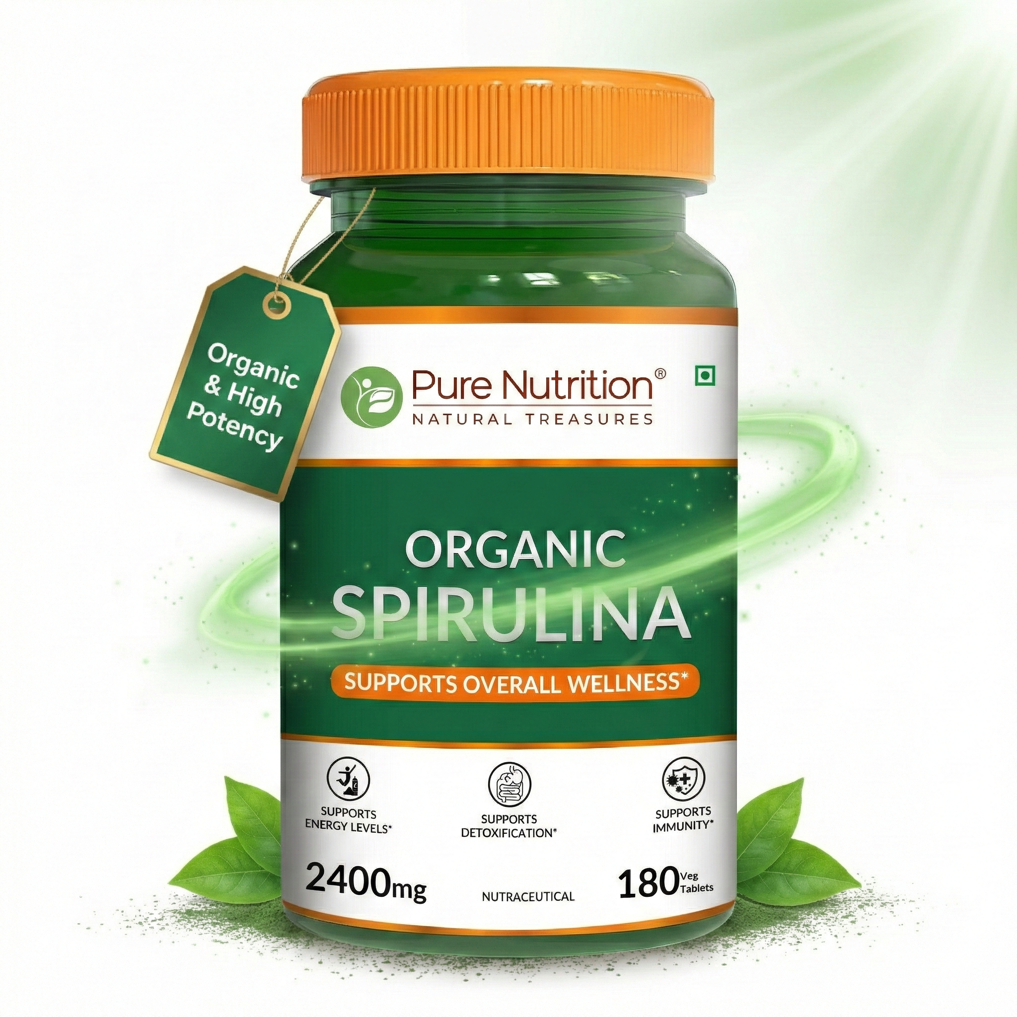Pure Nutrition Organic Spirulina 2400mg (Per Serving), 180 Veg Tablets | Spirulina Powder Organic Tablets | Supports Healthy Skin & Boost Immunity | Support Weight Management & Detoxification