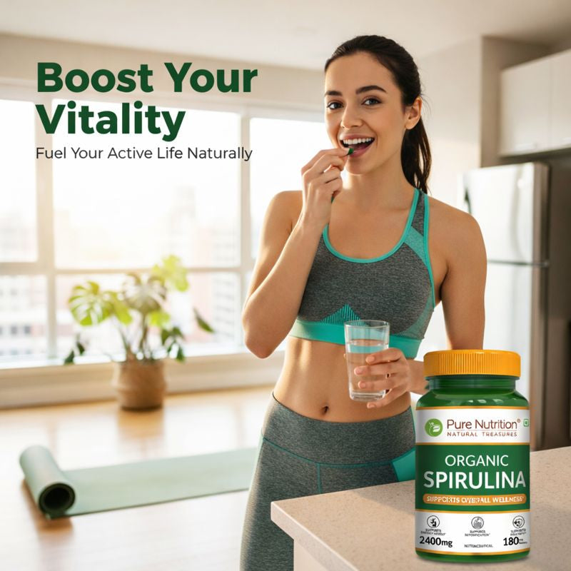 Pure Nutrition Organic Spirulina 2400mg (Per Serving), 180 Veg Tablets | Spirulina Powder Organic Tablets | Supports Healthy Skin & Boost Immunity | Support Weight Management & Detoxification