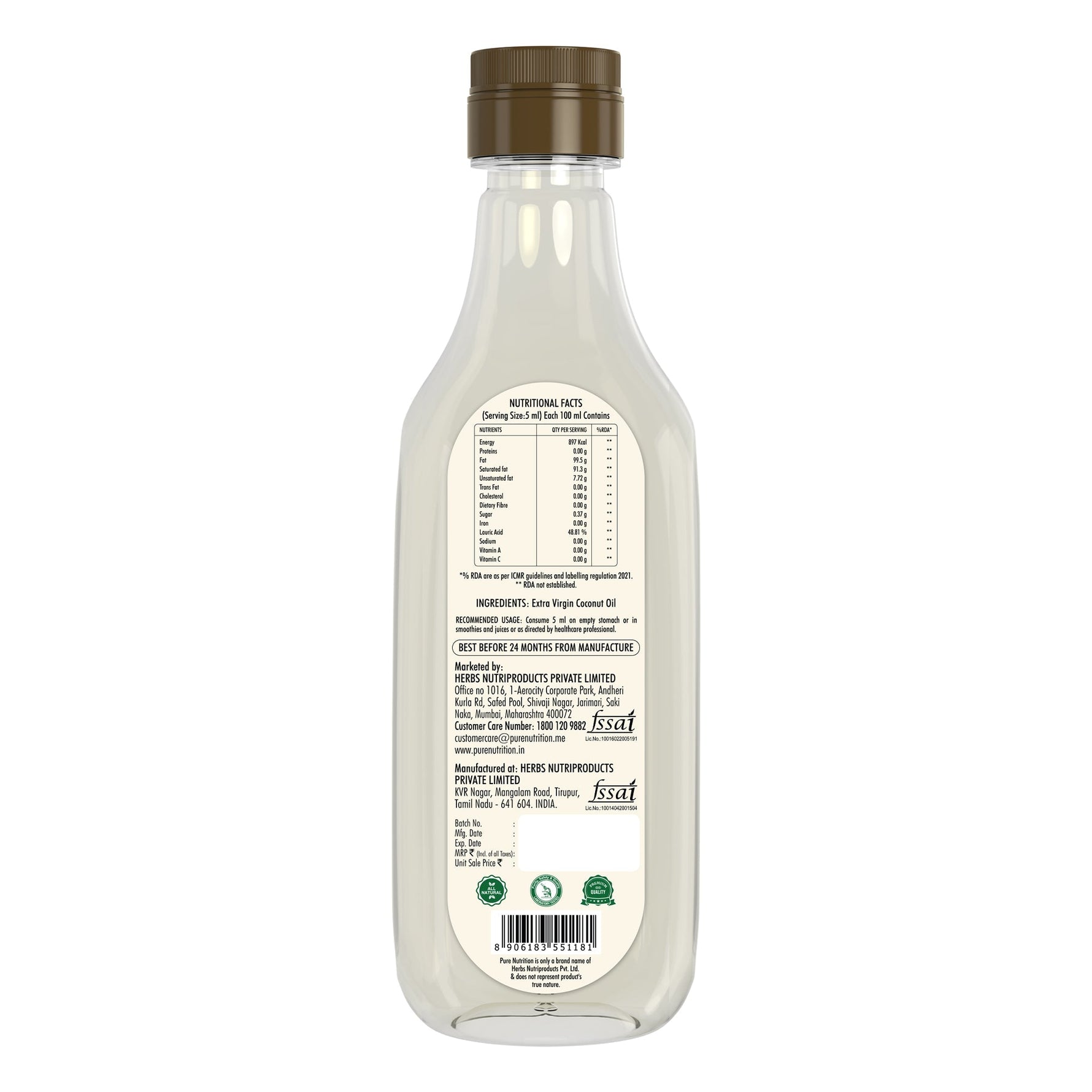 Pure Nutrition Cold-Pressed Virgin Coconut Oil - 1L | 100% Natural & Pure | Ideal for Cooking, Baby Massage, Hair & Skin Care | Supports Hair Growth & Skin Hydration
