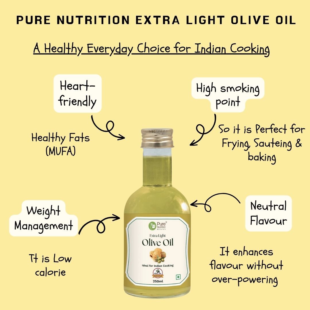 Pure Nutrition Extra Light Olive Oil - 250ml Pet Bottle | 100% Cold Pressed, Pure & Edible | Ideal for Deep Frying & Indian Cooking | Skin, Hair Care & Baby Massage | Imported from Spain
