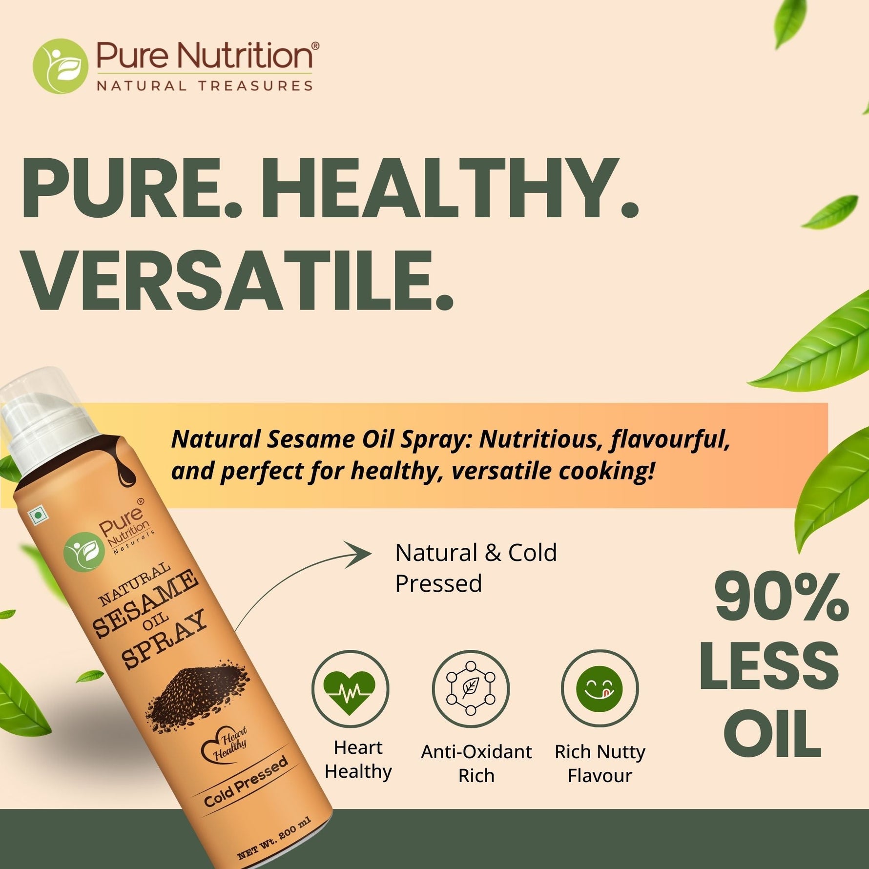 Pure Nutrition Black Sesame Oil Spray - 200ml | 100% Pure, Natural & Cold-Pressed | Cook Healthy with 10X Less Oil | Rich in Antioxidants & Nutrients | Ideal for Sautéing, Grilling & Salad Dressings | Heart-Healthy Oil