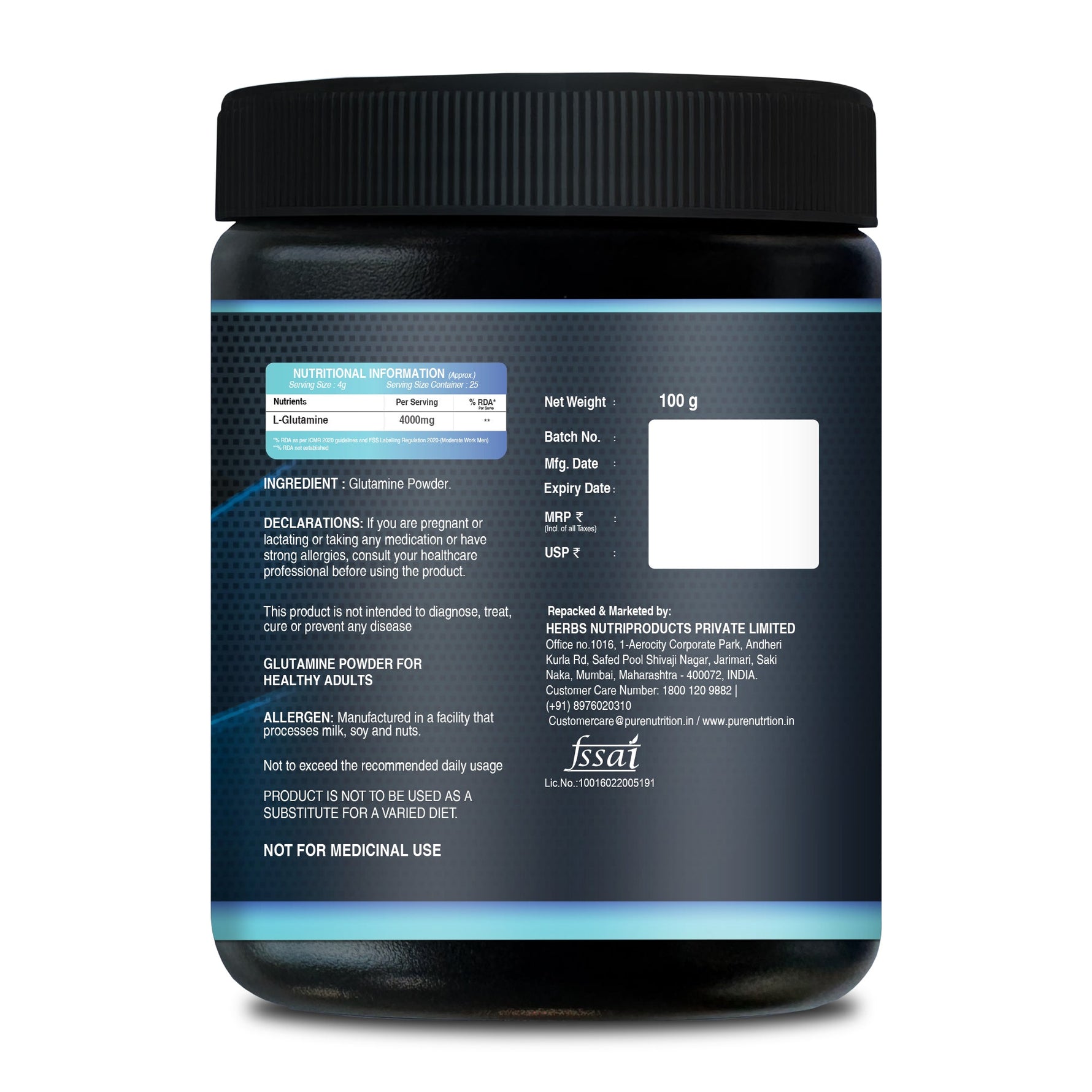 Pure nutrition Glutamine Powder 100g | Post Workout Supplement Amino Acid for Muscle Growth & Recovery | Unflavoured | 25mg serving