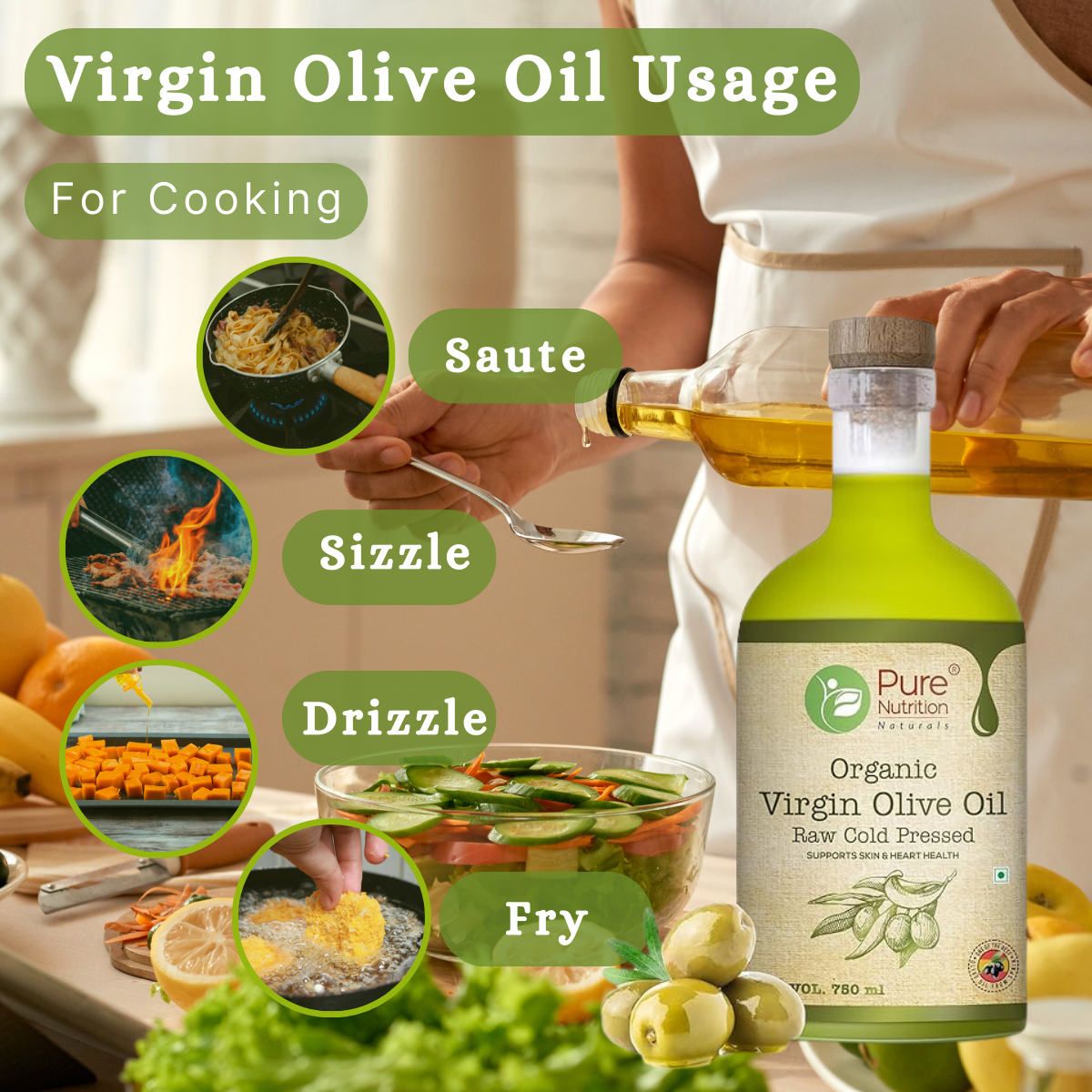 Pure Nutrition Organic Extra Virgin Olive Oil 750ml Glass Bottle - 100% Pure, Cold-Pressed In Glass Bottle|Ideal For Salad Dressings, Sauteing & Drizzling