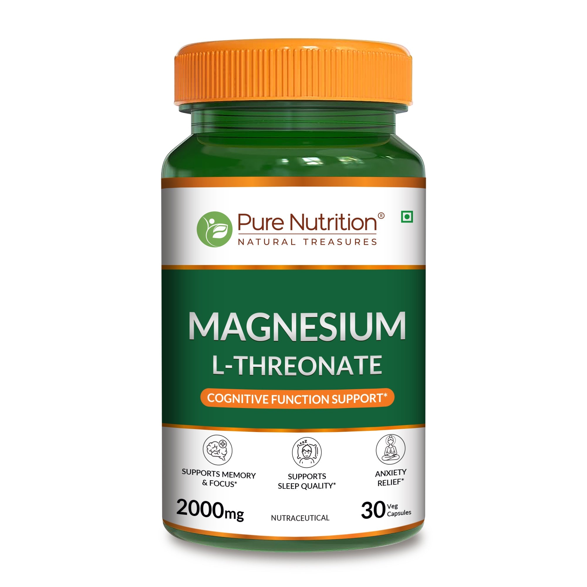 Pure Nutrition Magnesium L-Threonate 1000mg, 30 Veg Capsules | Enhances Memory, Cognitive Function & Brain Health|Supports Relaxation & Better Sleep