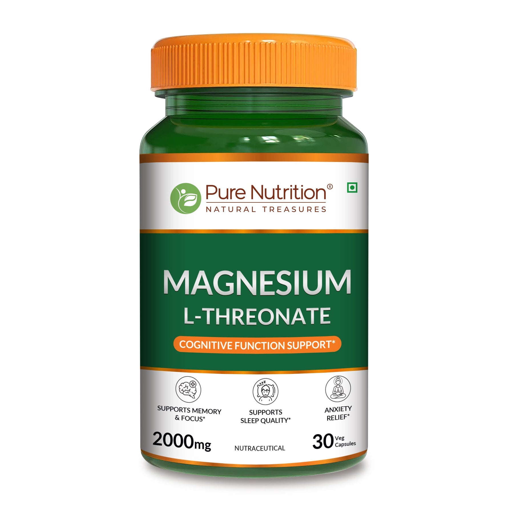 Pure Nutrition Magnesium L-Threonate 1000mg, 30 Veg Capsules | Enhances Memory, Cognitive Function & Brain Health|Supports Relaxation & Better Sleep