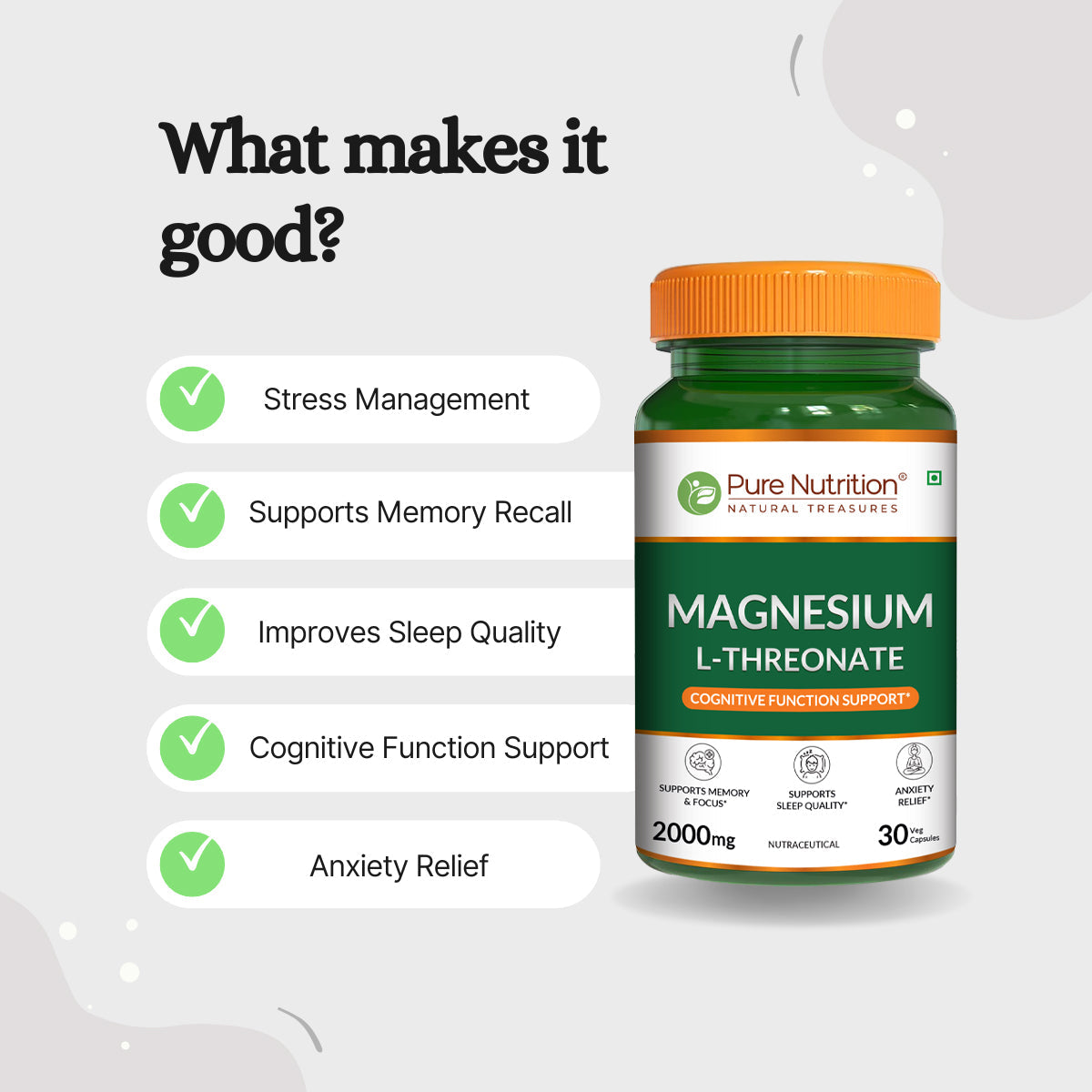 Pure Nutrition Magnesium L-Threonate 1000mg, 30 Veg Capsules | Enhances Memory, Cognitive Function & Brain Health|Supports Relaxation & Better Sleep