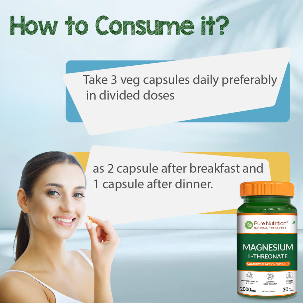 Pure Nutrition Magnesium L-Threonate 1000mg, 30 Veg Capsules | Enhances Memory, Cognitive Function & Brain Health|Supports Relaxation & Better Sleep