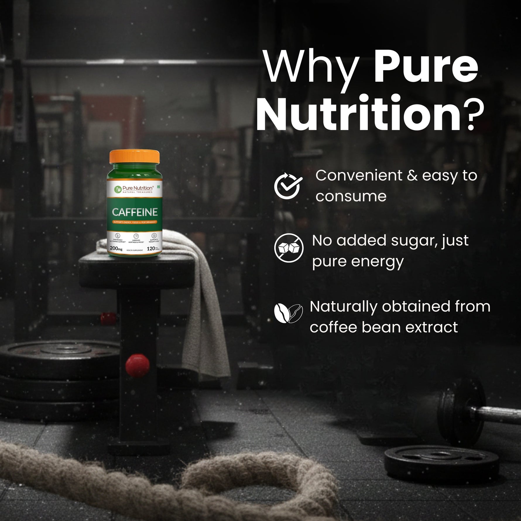 Pure Nutrition Caffeine 200mg – 120 Veg Tablets | Natural Energy Booster for Alertness, Focus & Endurance | Pre-Workout Support, Enhances Mental Clarity & Physical Performance | For Men & Women
