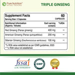 Pure Nutrition Triple Ginseng 700mg – 60 Capsules | Korean Red Panax Ginseng Supplement Extract for Men & Women | Supports Cognitive Function, Memory, Immunity | Korean, American & Siberian Blend