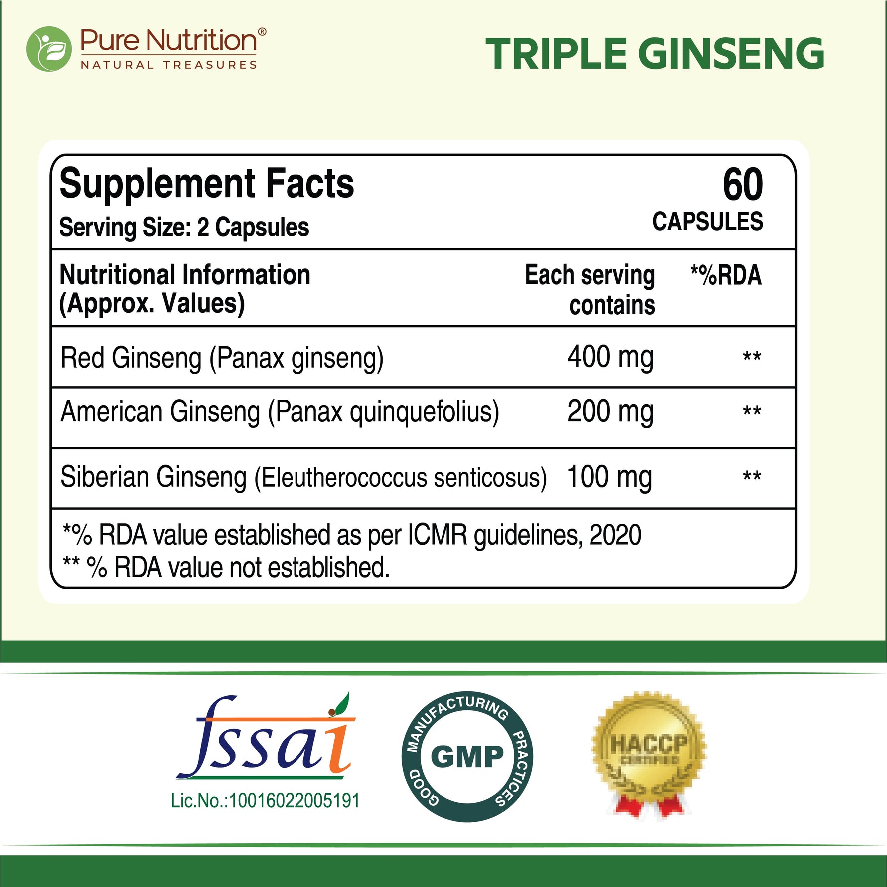 Pure Nutrition Triple Ginseng 700mg – 60 Capsules | Korean Red Panax Ginseng Supplement Extract for Men & Women | Supports Cognitive Function, Memory, Immunity | Korean, American & Siberian Blend