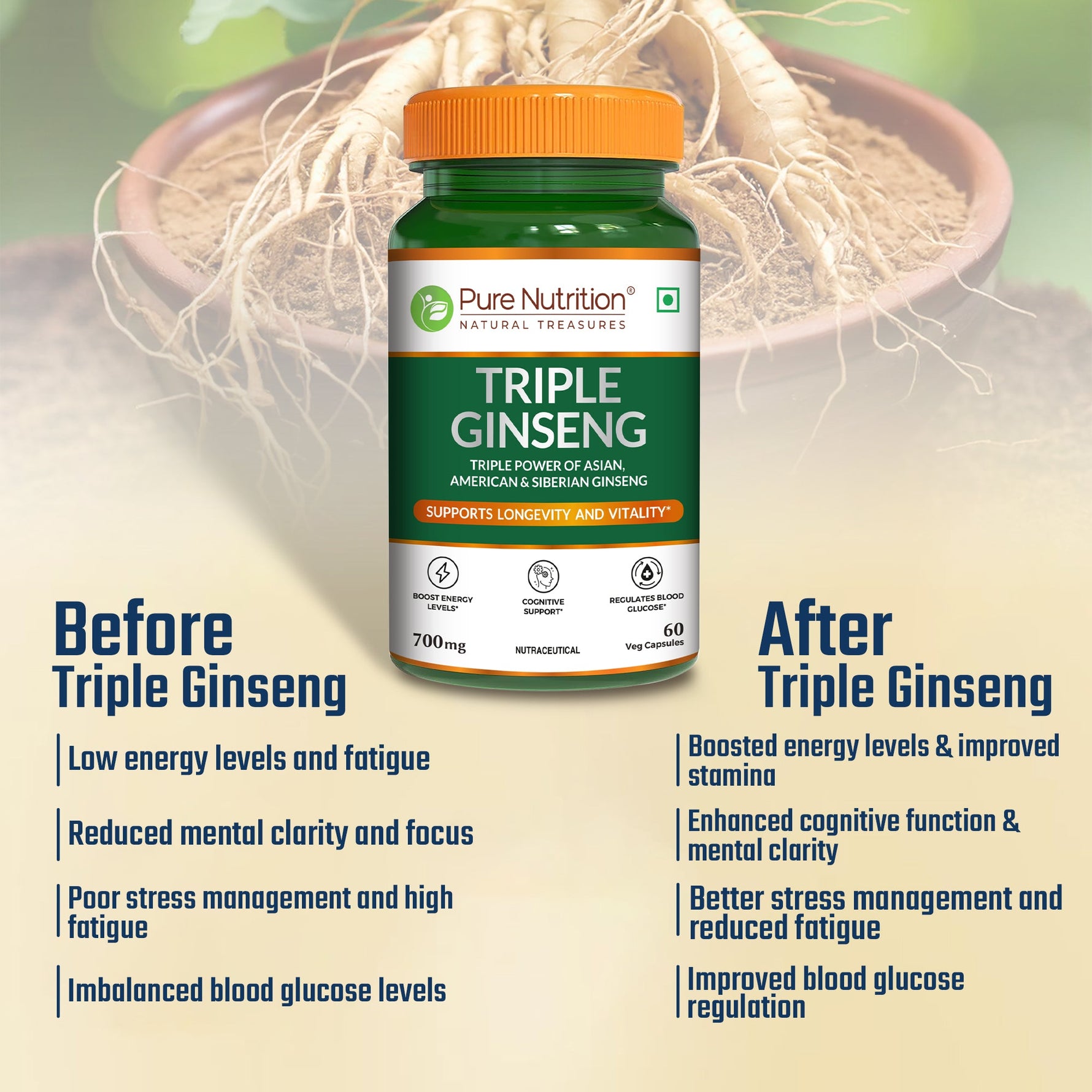 Pure Nutrition Triple Ginseng 700mg – 60 Capsules | Korean Red Panax Ginseng Supplement Extract for Men & Women | Supports Cognitive Function, Memory, Immunity | Korean, American & Siberian Blend