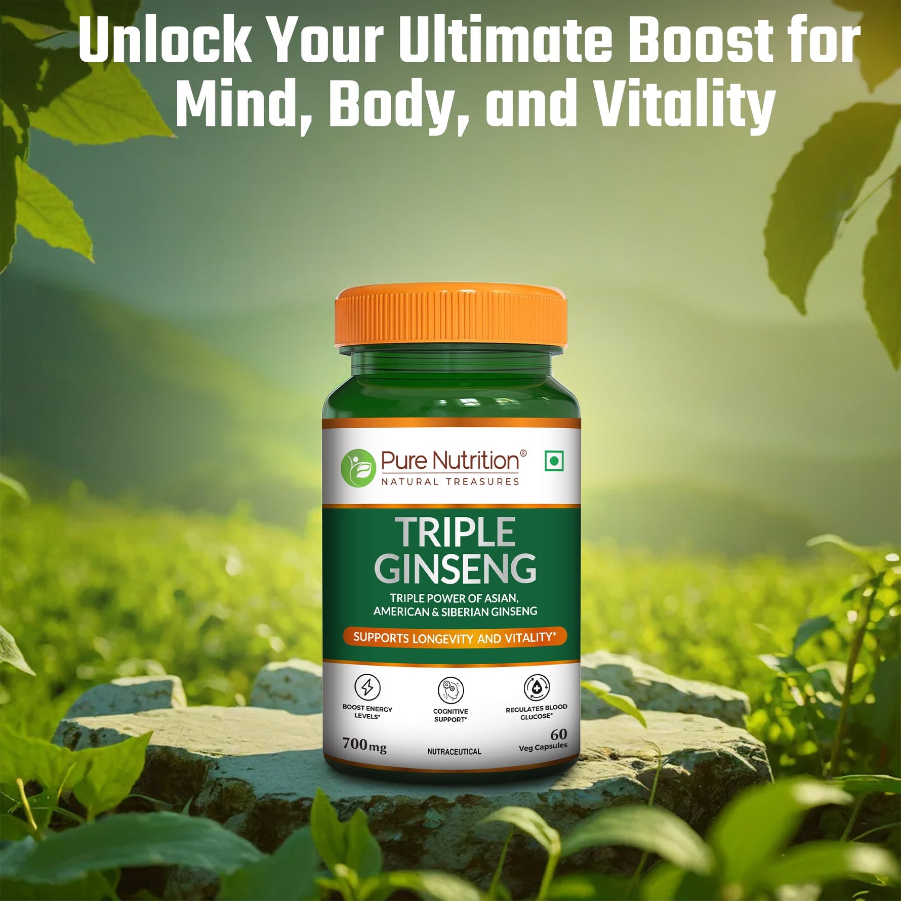 Pure Nutrition Triple Ginseng 700mg – 60 Capsules | Korean Red Panax Ginseng Supplement Extract for Men & Women | Supports Cognitive Function, Memory, Immunity | Korean, American & Siberian Blend