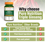 Pure Nutrition Triple Ginseng 700mg – 60 Capsules | Korean Red Panax Ginseng Supplement Extract for Men & Women | Supports Cognitive Function, Memory, Immunity | Korean, American & Siberian Blend