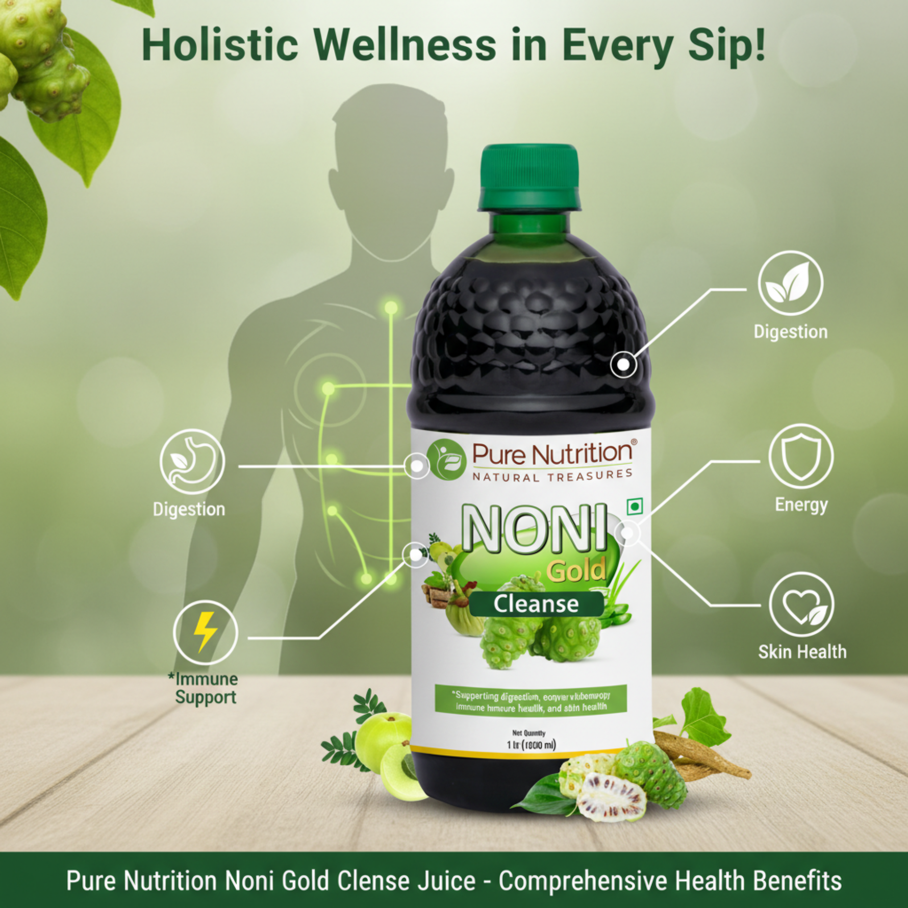 Pure Nutrition Noni Gold Detox Juice 1L | With Garcinia, Aloe Vera, Amla, Ashwagandha & Grape Seed Extract | Supports Diabetes Care, Digestion, Immunity & Skin Health