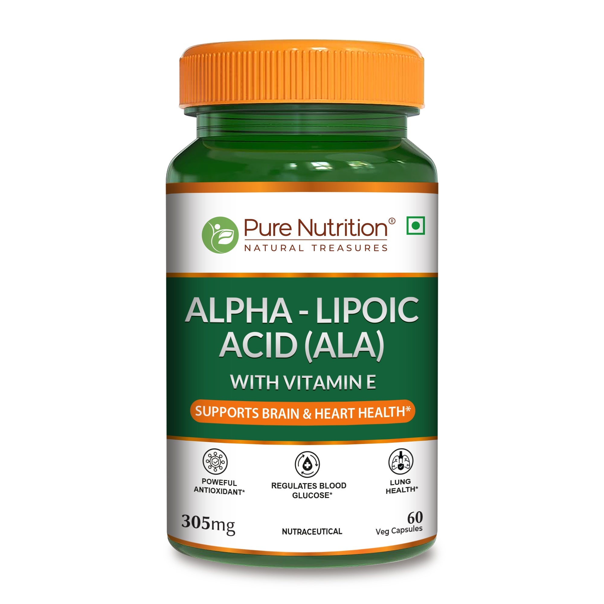 Pure Nutrition Alpha Lipoic Acid (ALA) 300mg - 60 Veg Capsules with Vitamin E | Powerful Antioxidant for Nerve & Heart Health | Supports Healthy Blood Sugar, Energy Metabolism & Cellular Protection