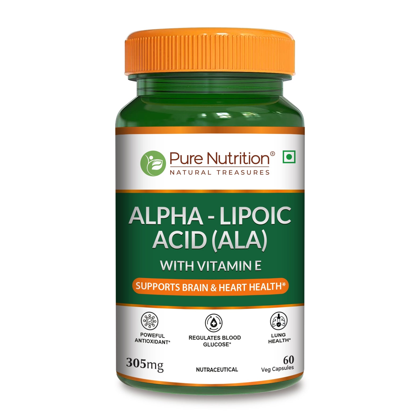 Pure Nutrition Alpha Lipoic Acid (ALA) 300mg - 60 Veg Capsules with Vitamin E | Powerful Antioxidant for Nerve & Heart Health | Supports Healthy Blood Sugar, Energy Metabolism & Cellular Protection