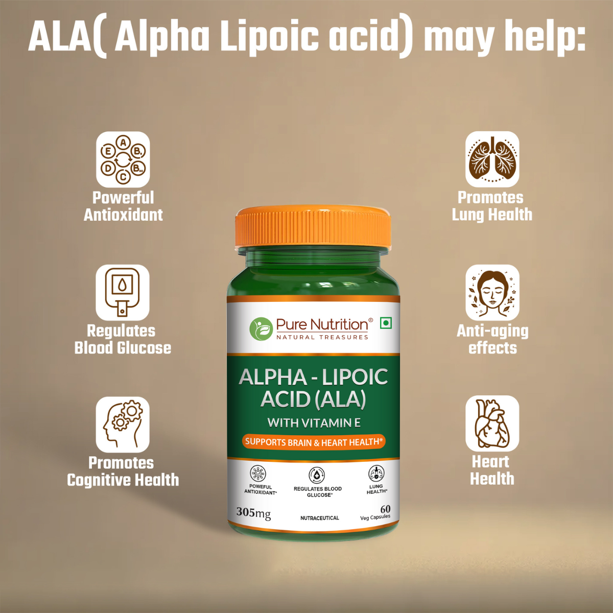 Pure Nutrition Alpha Lipoic Acid (ALA) 300mg - 60 Veg Capsules with Vitamin E | Powerful Antioxidant for Nerve & Heart Health | Supports Healthy Blood Sugar, Energy Metabolism & Cellular Protection