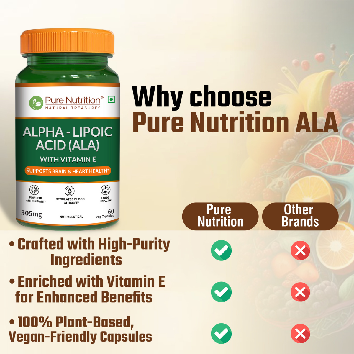 Pure Nutrition Alpha Lipoic Acid (ALA) 300mg - 60 Veg Capsules with Vitamin E | Powerful Antioxidant for Nerve & Heart Health | Supports Healthy Blood Sugar, Energy Metabolism & Cellular Protection