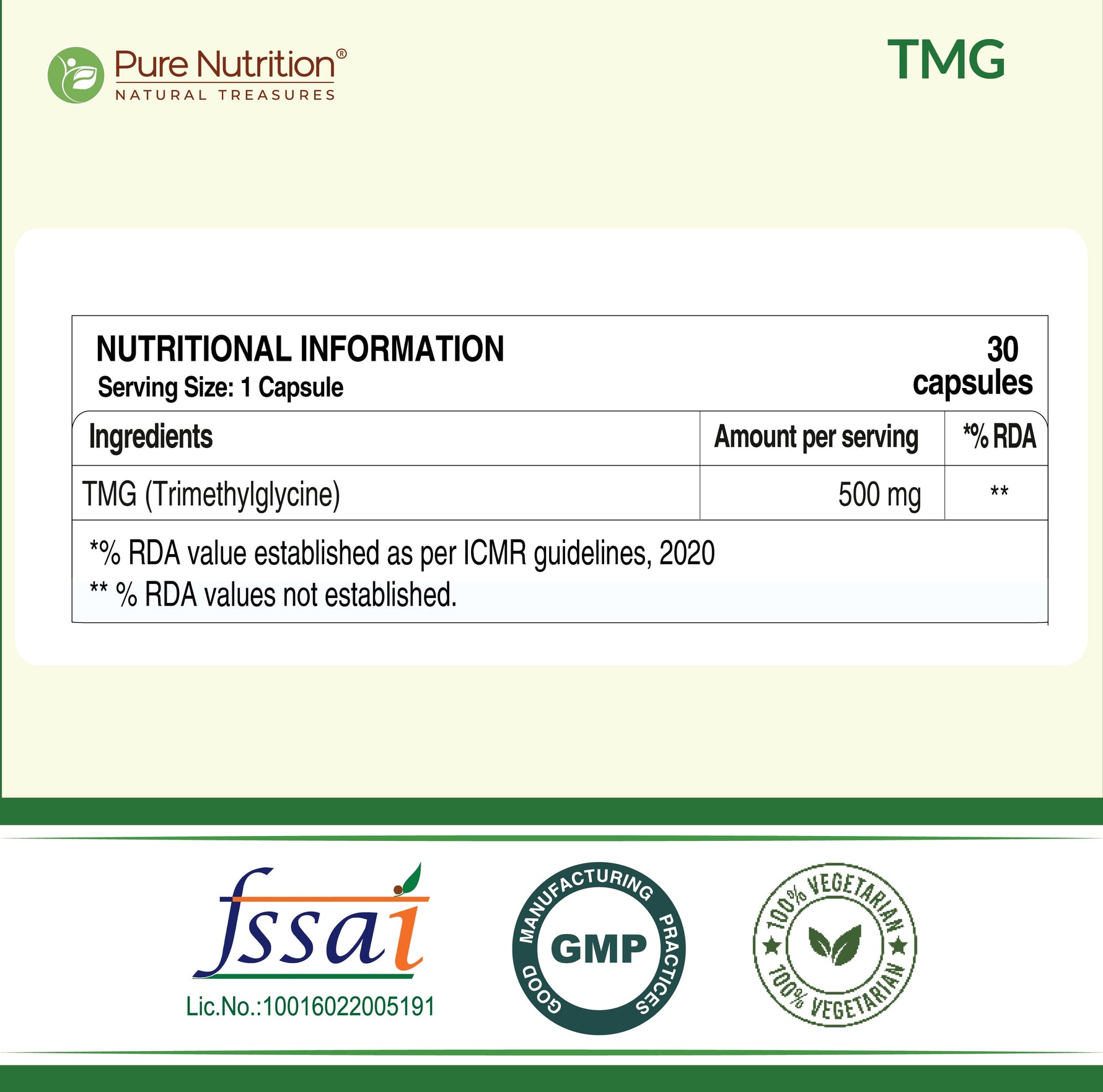 Pure Nutrition TMG 500mg (Trimethylglycine) Supplement – 30 Capsules | Supports Heart Health, Homocysteine Levels, Liver Function & Cognitive Health