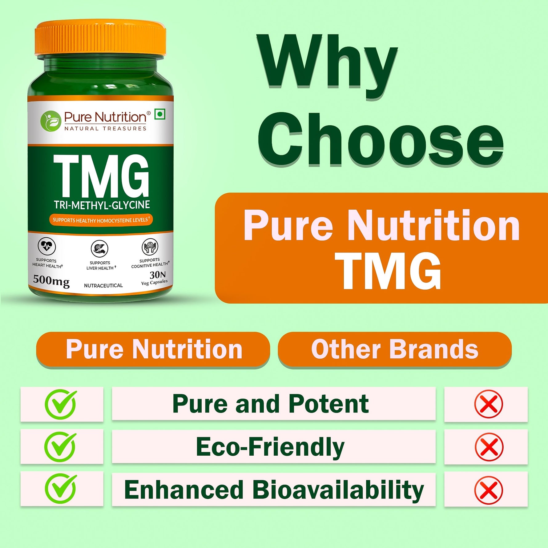 Pure Nutrition TMG 500mg (Trimethylglycine) Supplement – 30 Capsules | Supports Heart Health, Homocysteine Levels, Liver Function & Cognitive Health