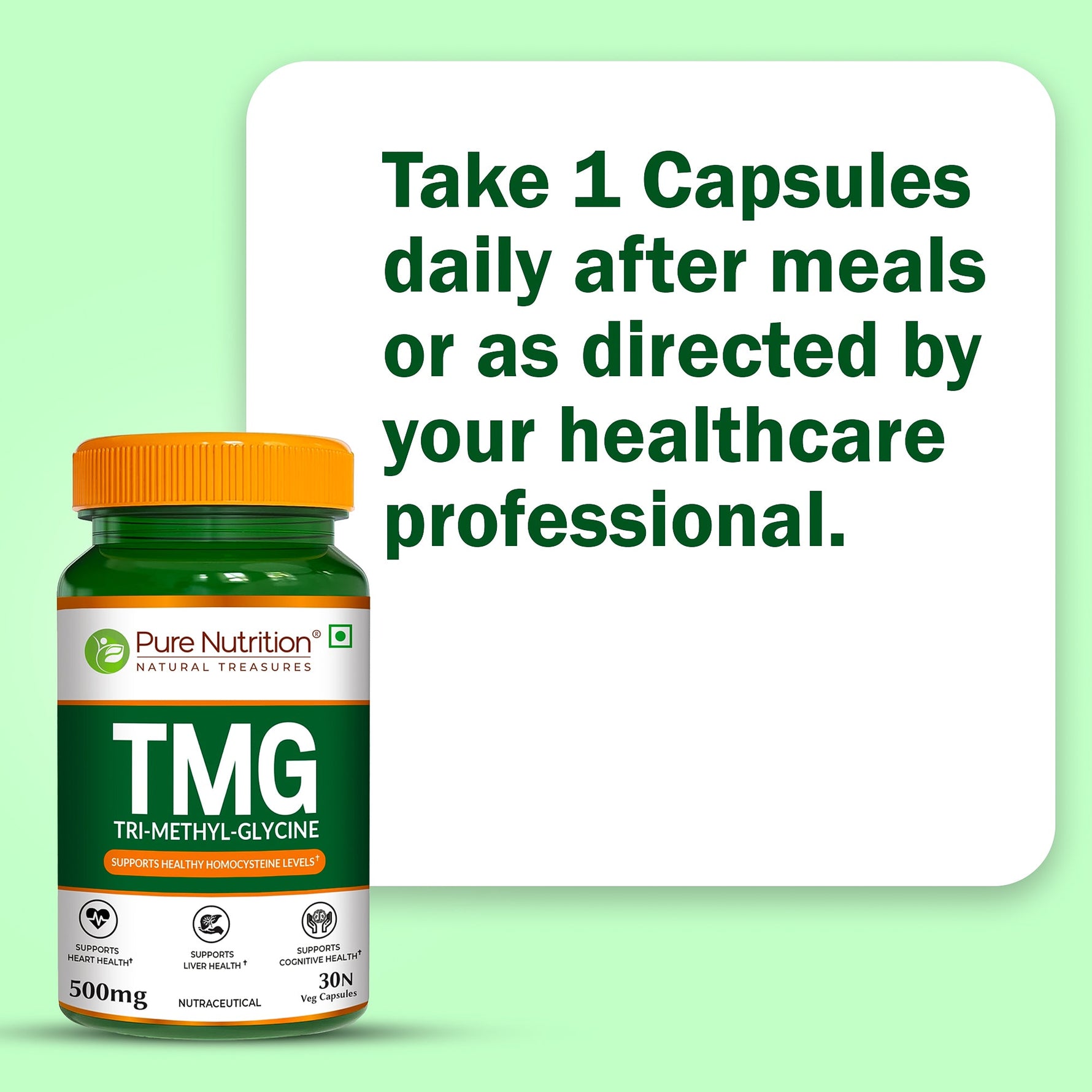 Pure Nutrition TMG 500mg (Trimethylglycine) Supplement – 30 Capsules | Supports Heart Health, Homocysteine Levels, Liver Function & Cognitive Health