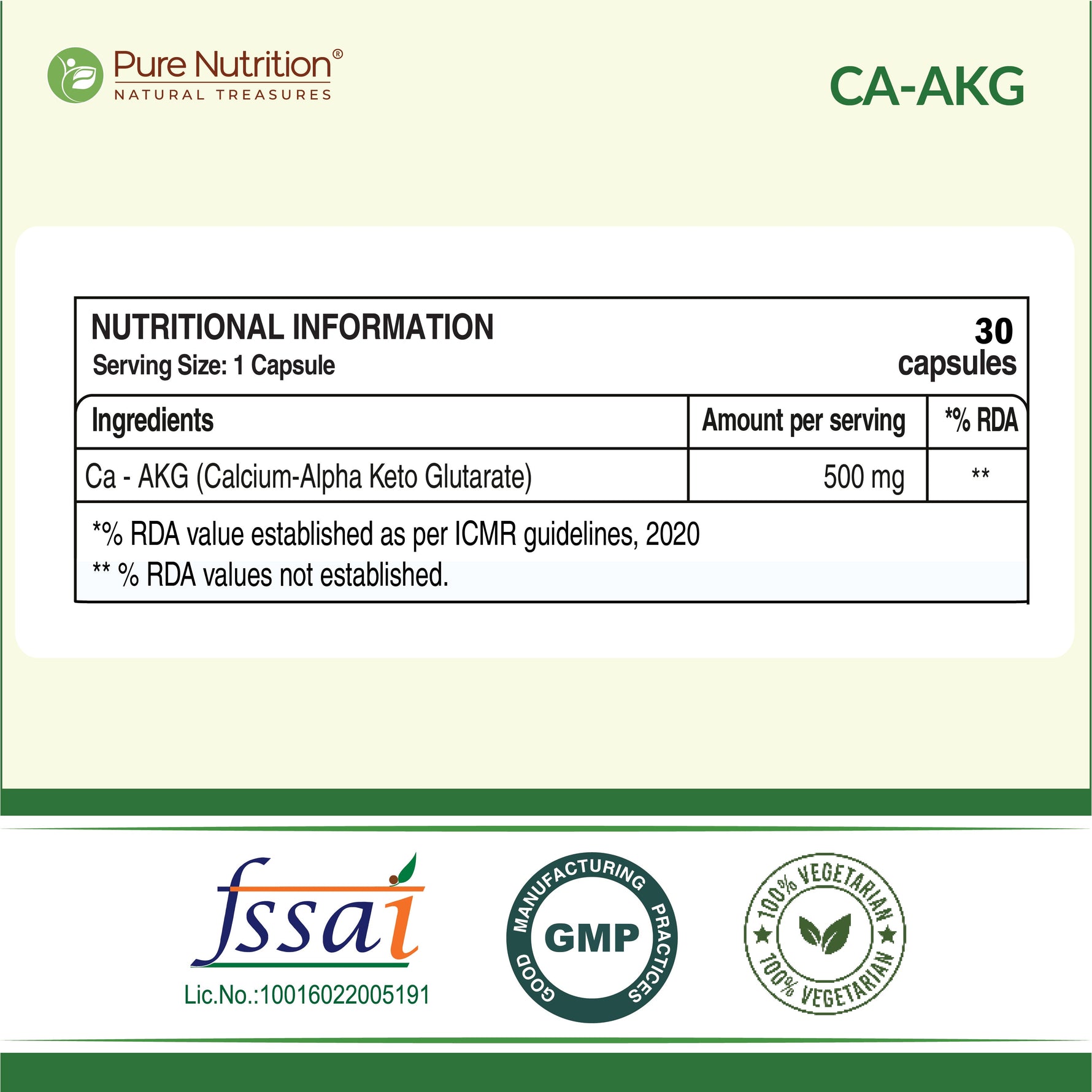 Pure Nutrition Ca-AKG - (500mg) - 30 Veg Capsules | Calcium Alpha-Ketoglutarate Supplements For Cellular Energy & Joint Health | Support Healthy Aging, Athletic Performance & Muscle Recovery