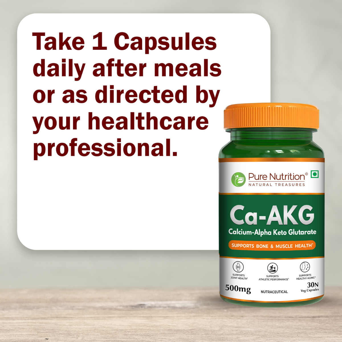 Pure Nutrition Ca-AKG - (500mg) - 30 Veg Capsules | Calcium Alpha-Ketoglutarate Supplements For Cellular Energy & Joint Health | Support Healthy Aging, Athletic Performance & Muscle Recovery
