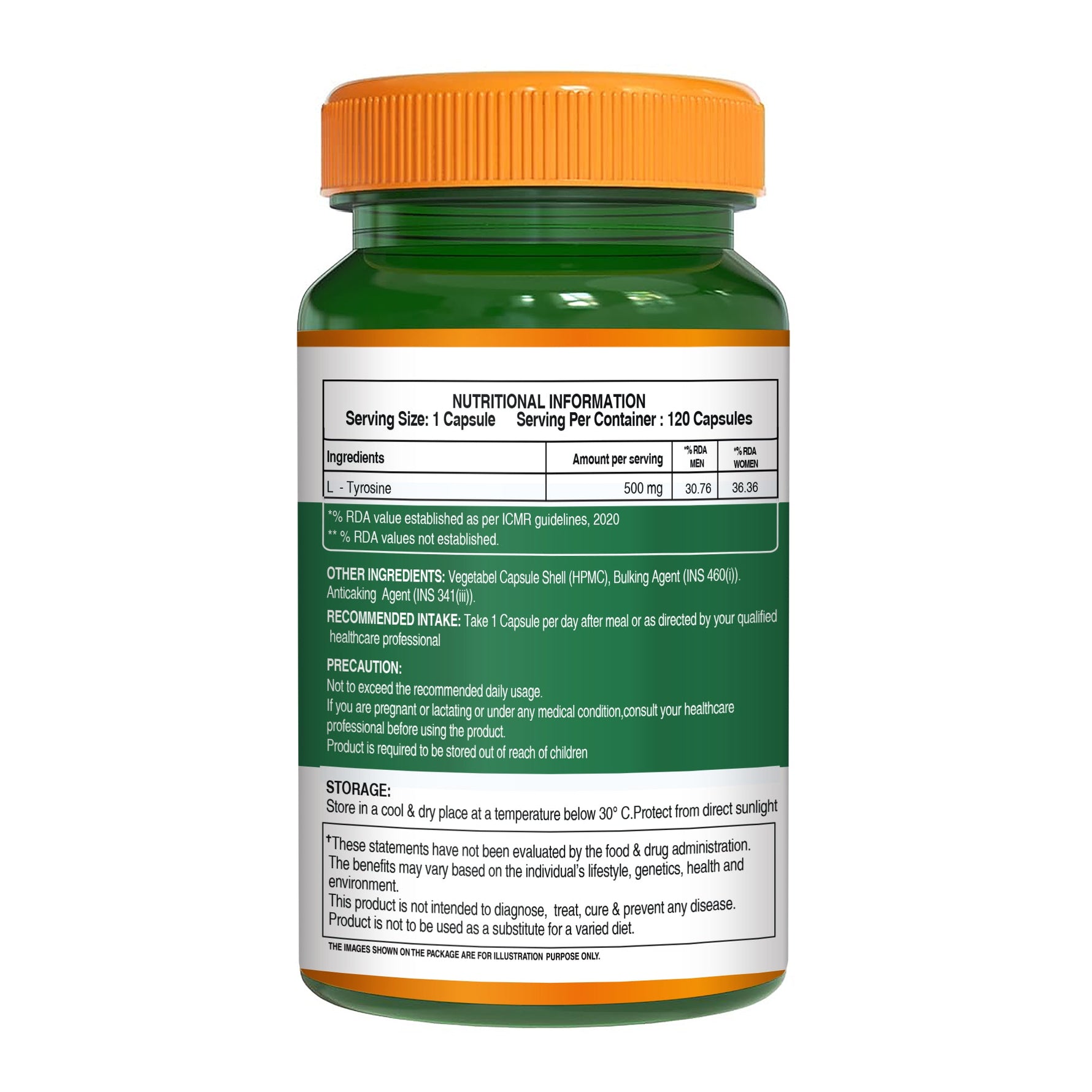 Pure Nutrition L Tyrosine (500mg), 120 Veg Capsules | Supports Cognitive Health, Memory, Focus & Brain Function | Reduces Stress & Fatigue | Promotes Thyroid Health
