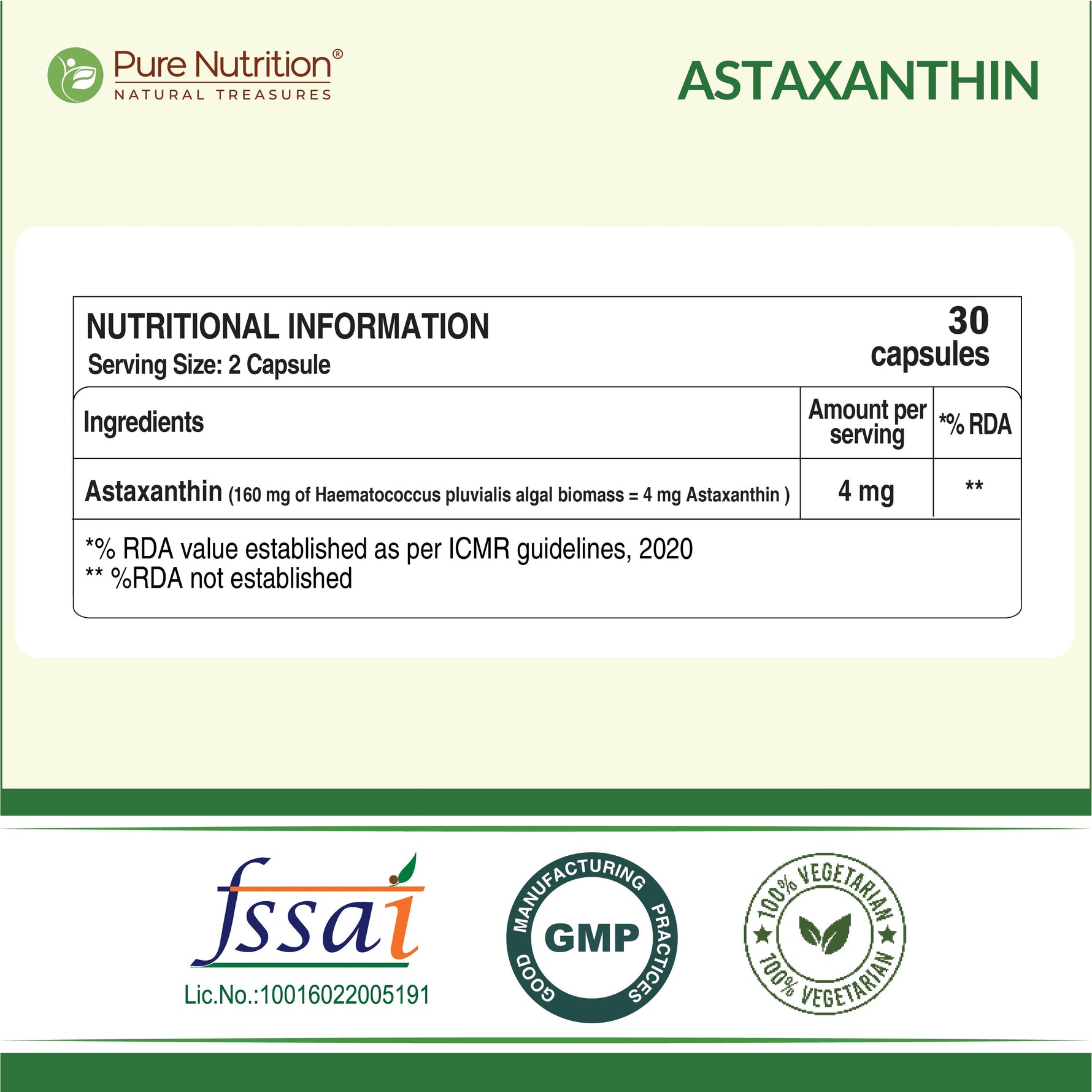 Pure Nutrition Astaxanthin 4mg – 60 Veg Capsules | Powerful Antioxidant for Eye, Skin, Heart & Immune Support | Promotes Cellular Health, Anti-Aging & Recovery | Plant-Based, For Men & Women