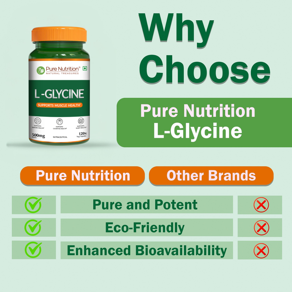 Pure Nutrition L Glycine Supplement (500mg) 120 veg Capsules | Supports Muscle Health, Brain & Sleep Health | Support Strong Immune System & Cellular Health