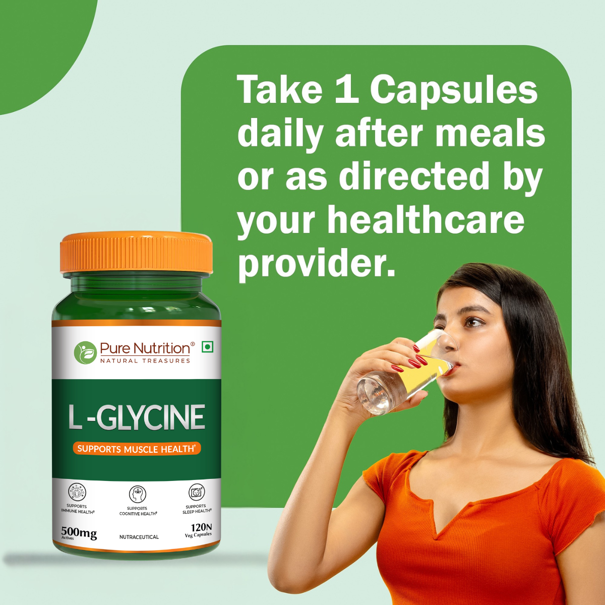 Pure Nutrition L Glycine Supplement (500mg) 120 veg Capsules | Supports Muscle Health, Brain & Sleep Health | Support Strong Immune System & Cellular Health
