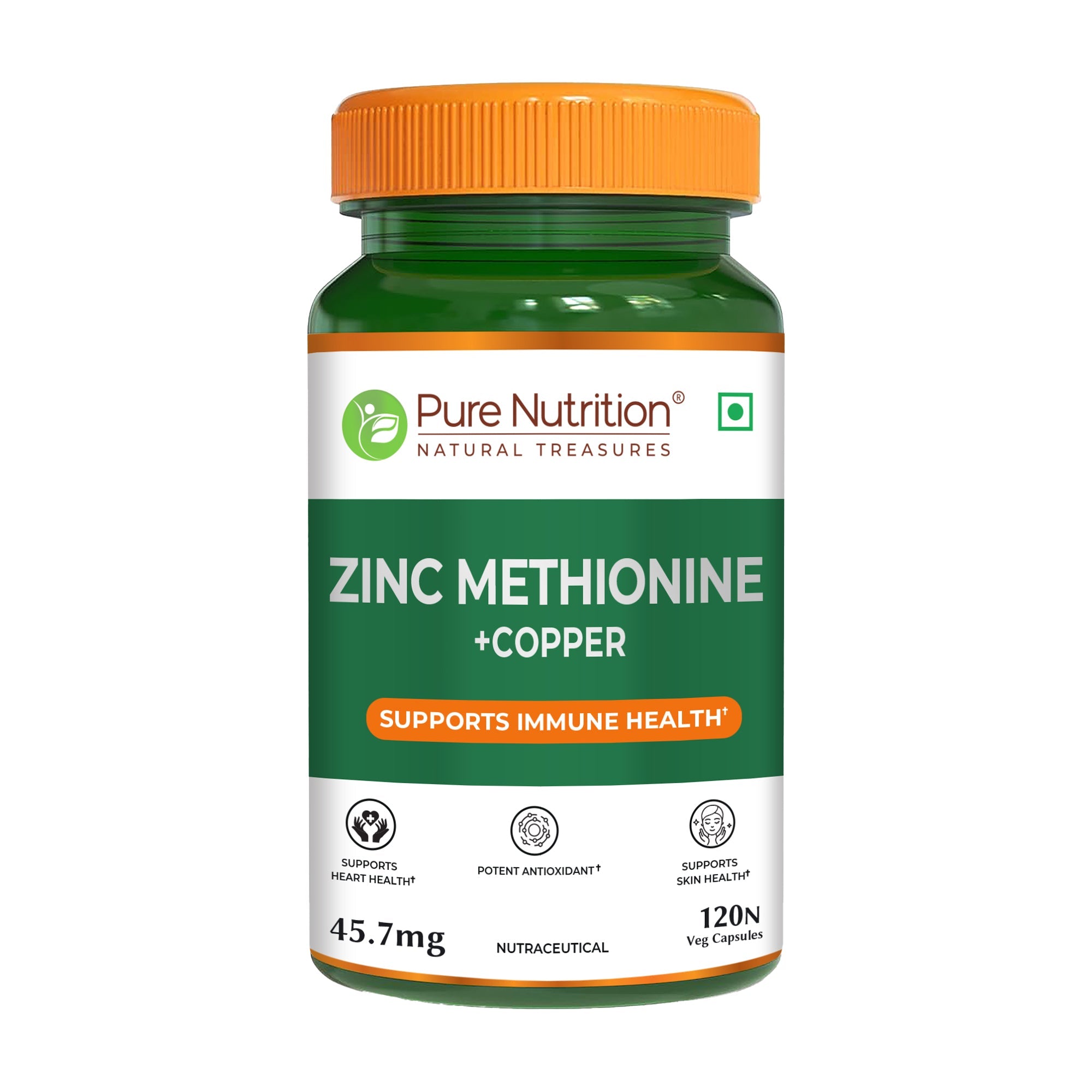 Pure Nutrition Zinc Methionine + Copper (45.7mg) – 120 Veg Capsules | High Absorption Zinc Supplement | Supports Immunity, Heart + Skin Health | Antioxidant + Cellular Protection | For Men & Women